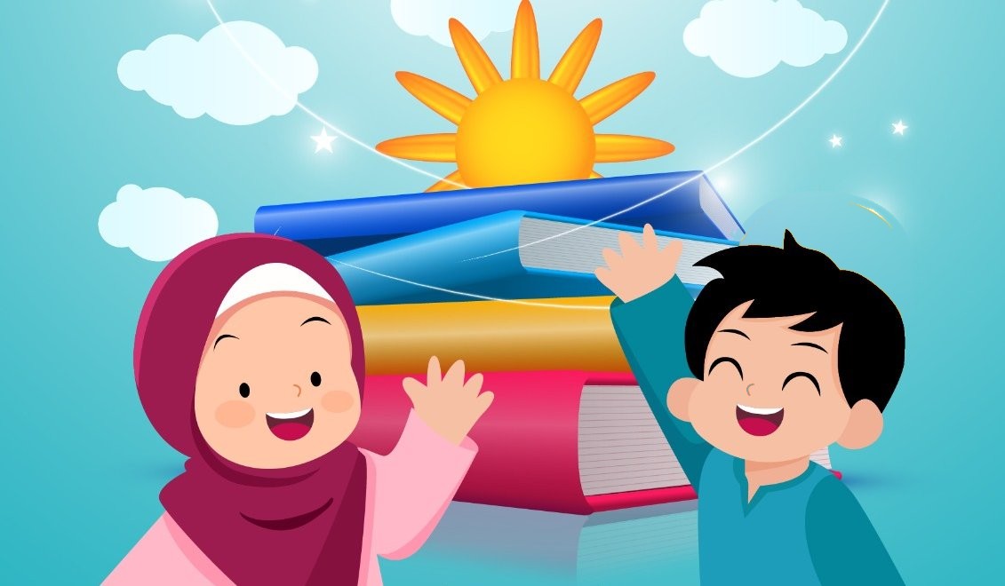 Two happy Muslim children waving in front of a stack of colourful books